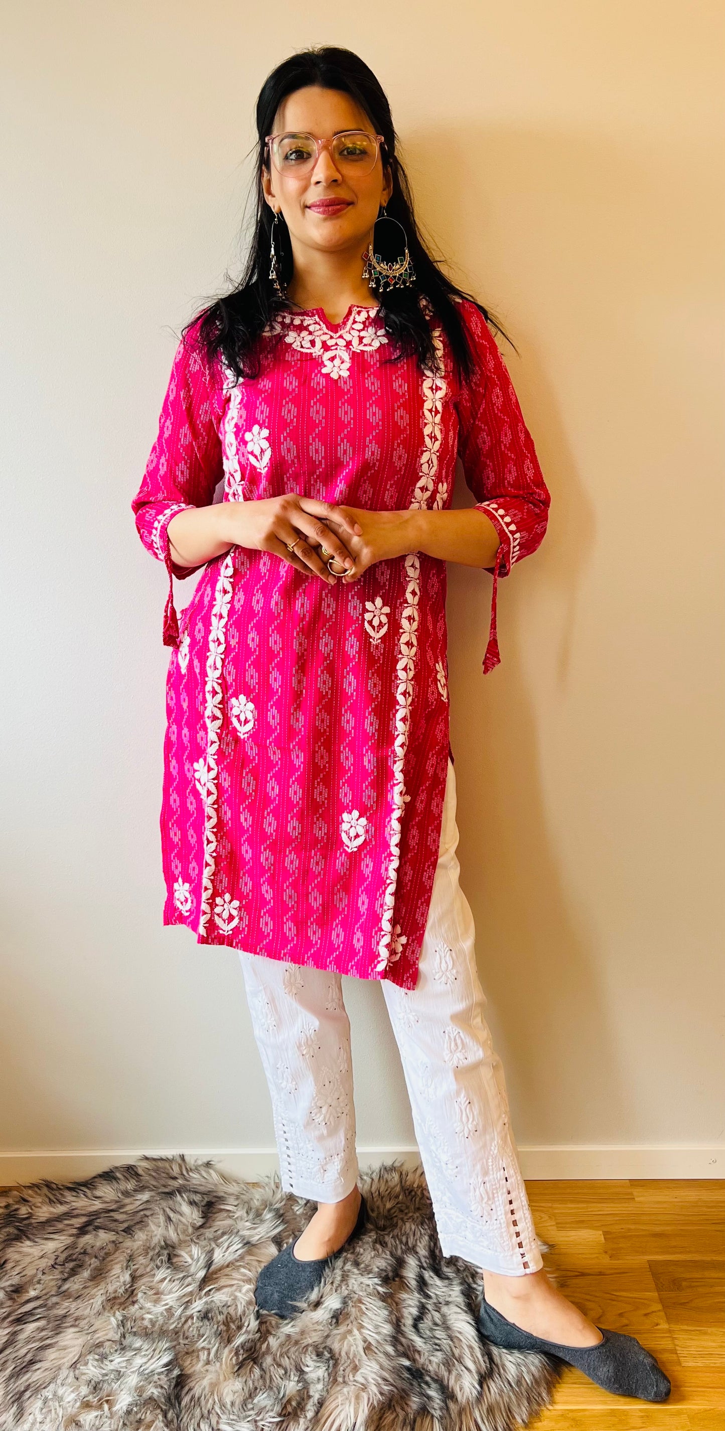 Elegant Ensemble - Printed Handcrafted Chikankari Kurti with 3/4th Sleeves