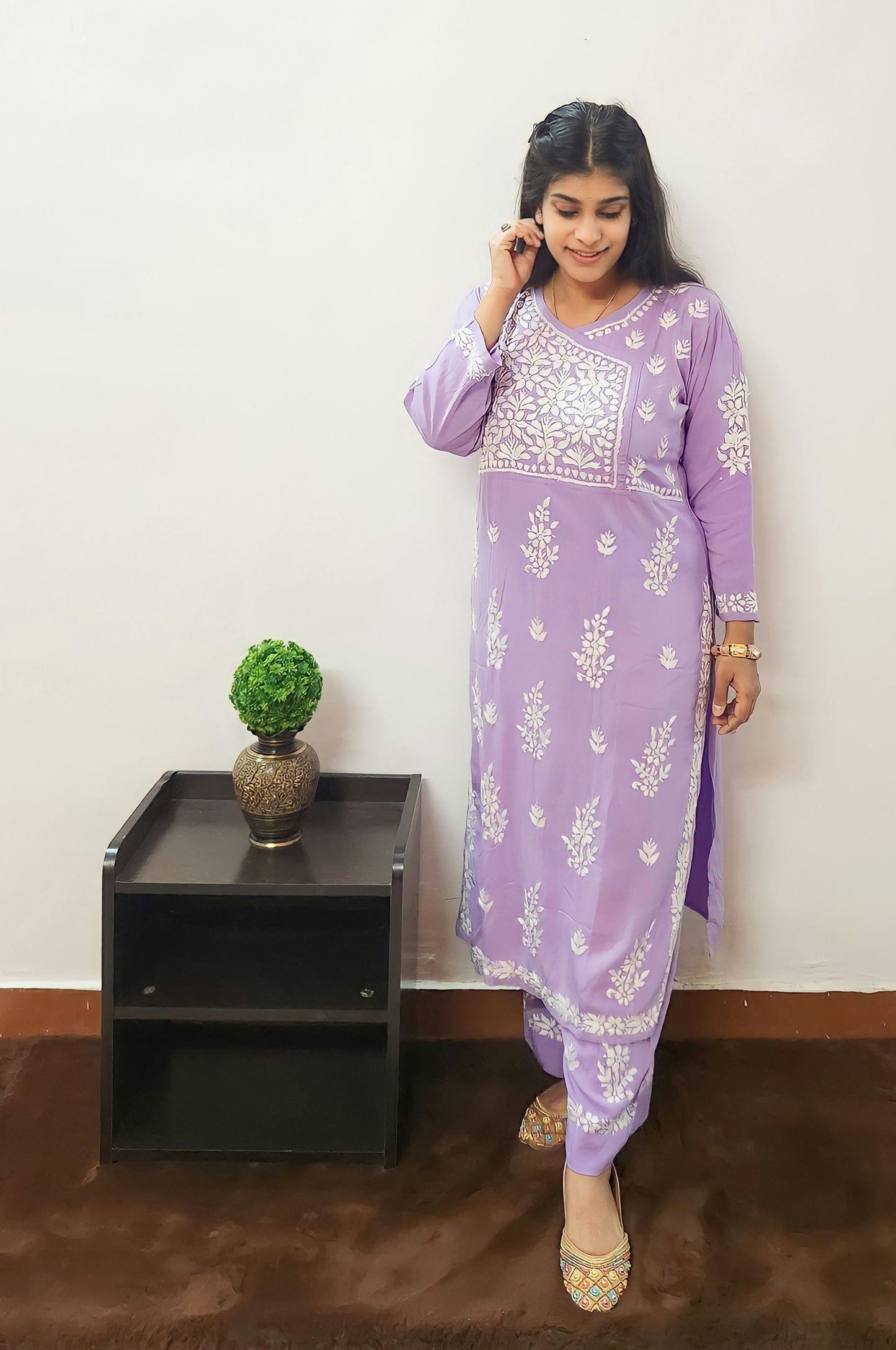 Hallowed Hues - Angarkha Style Chikankari Kurti Pajama