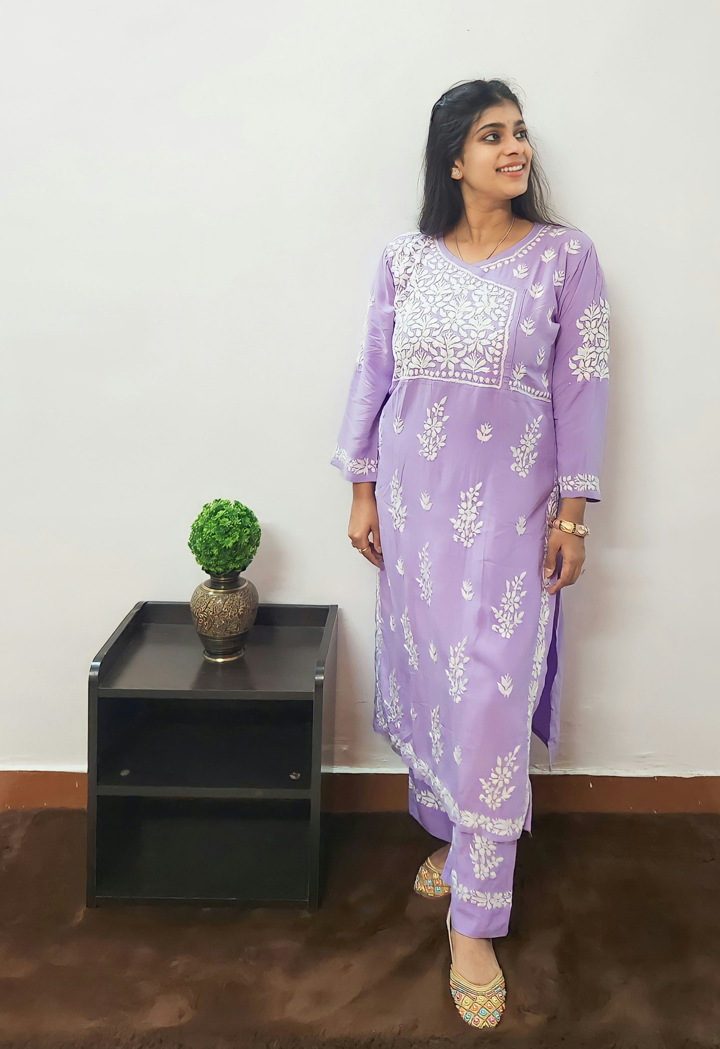 Hallowed Hues - Angarkha Style Chikankari Kurti Pajama