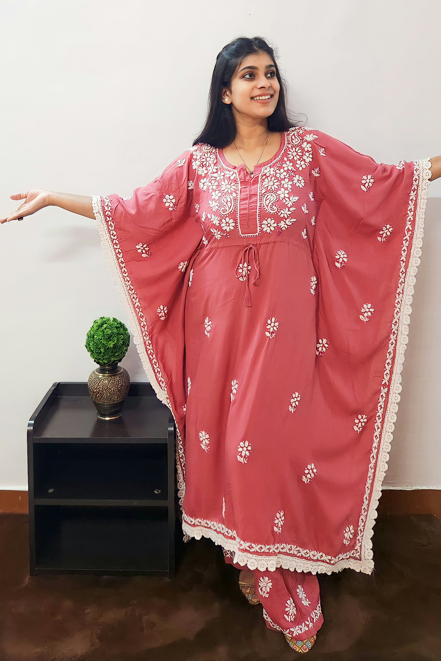 Modal Hand Embroidered Chikankari Kaftan Kurti and Palazzo Set