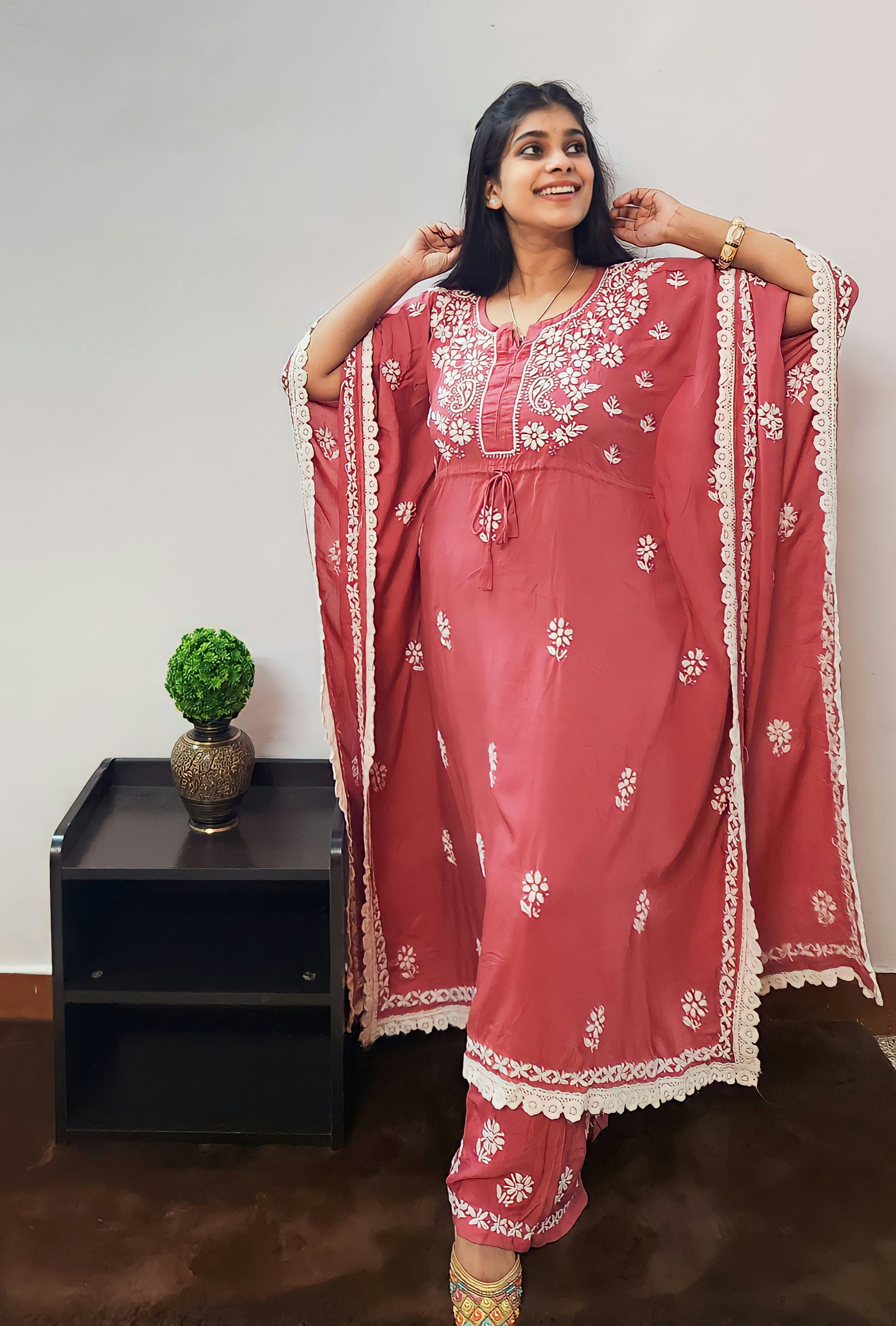 Modal Hand Embroidered Chikankari Kaftan Kurti and Palazzo Set