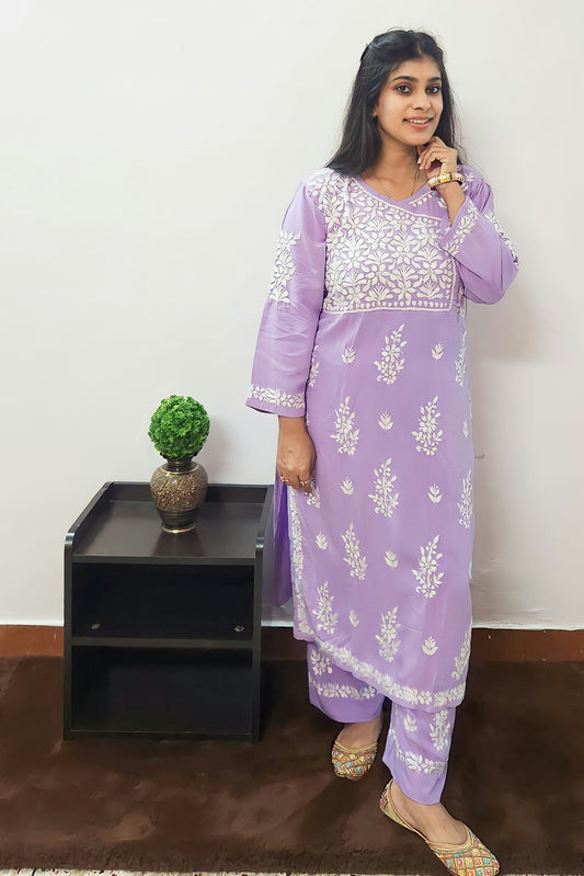 Hallowed Hues - Angarkha Style Chikankari Kurti Pajama