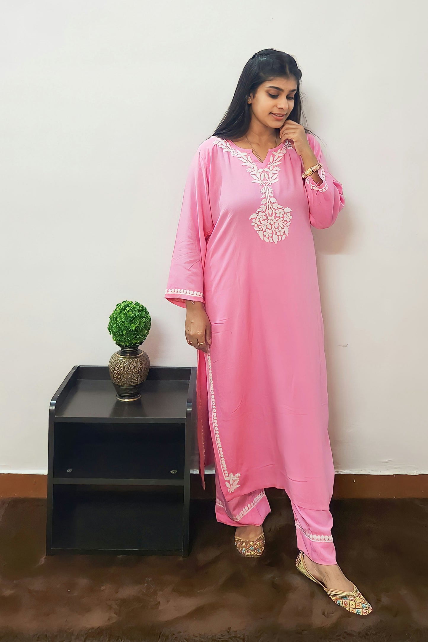 Divine Drapes - Rayon Chikankari Pink Kurti Pajama