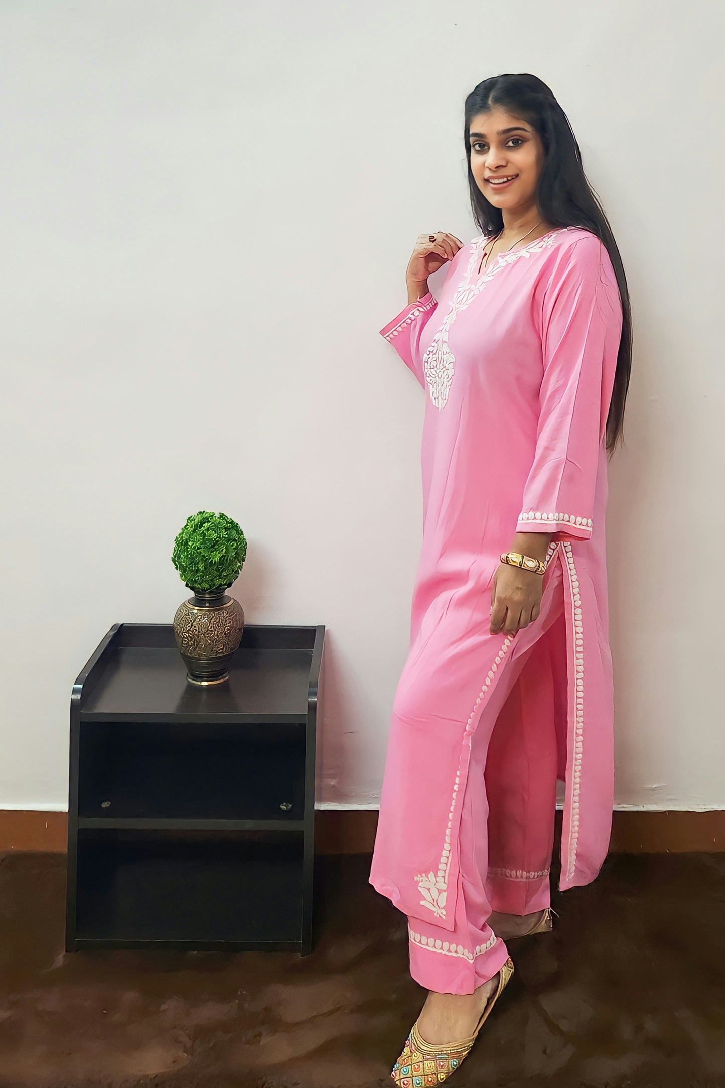 Divine Drapes - Rayon Chikankari Pink Kurti Pajama