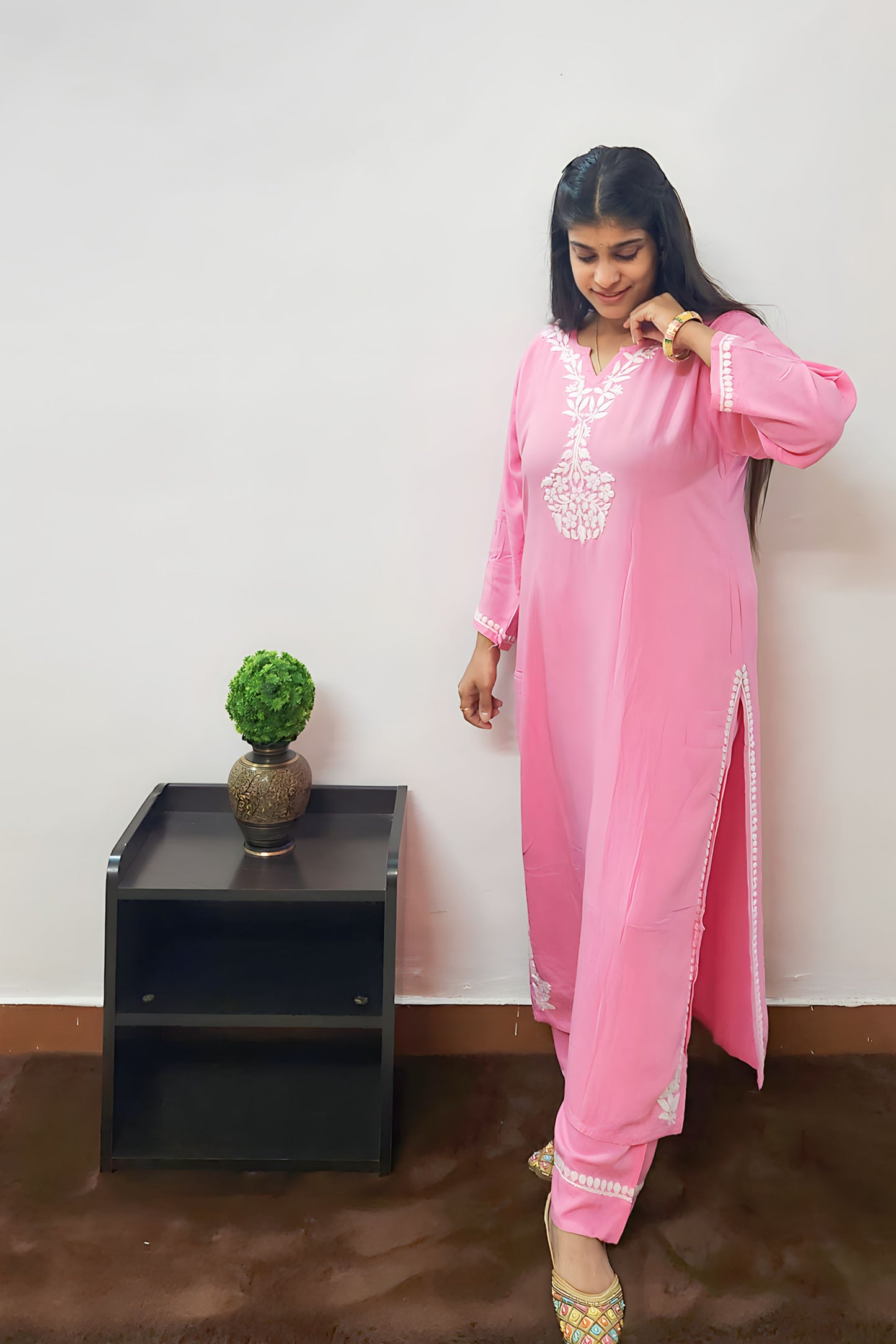 Divine Drapes - Rayon Chikankari Pink Kurti Pajama