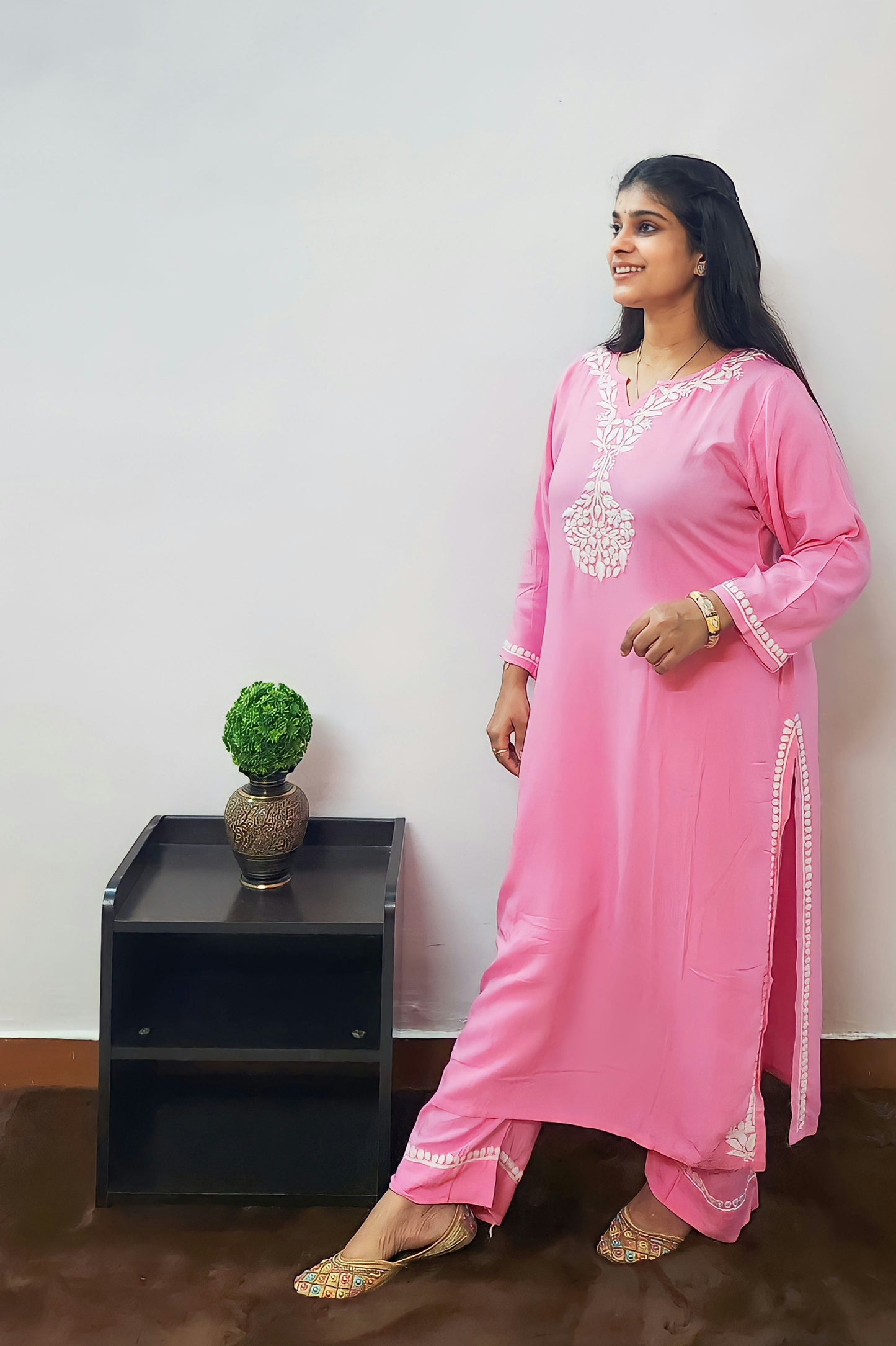 Divine Drapes - Rayon Chikankari Pink Kurti Pajama