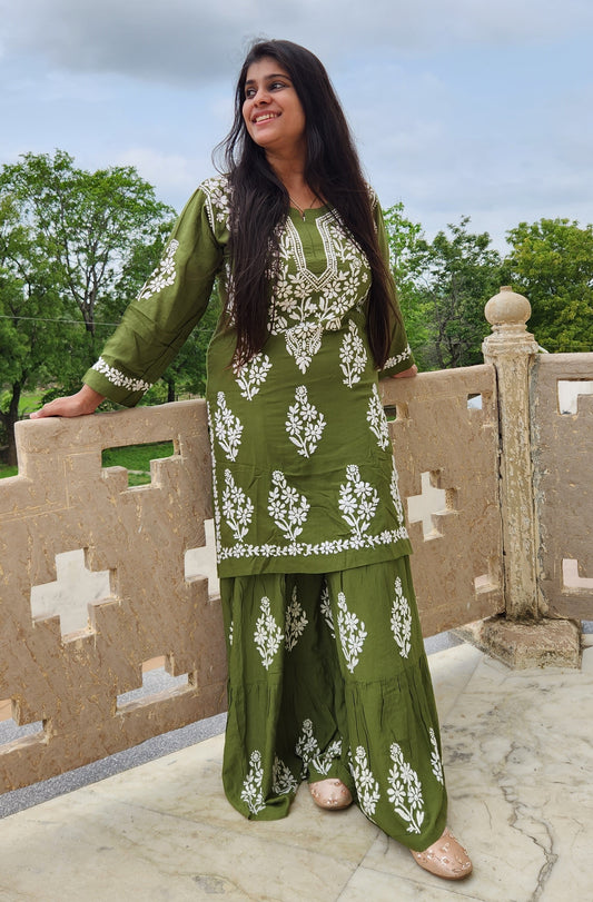 Modal Hand Embroidered Chikankari Kurta and Garara Set