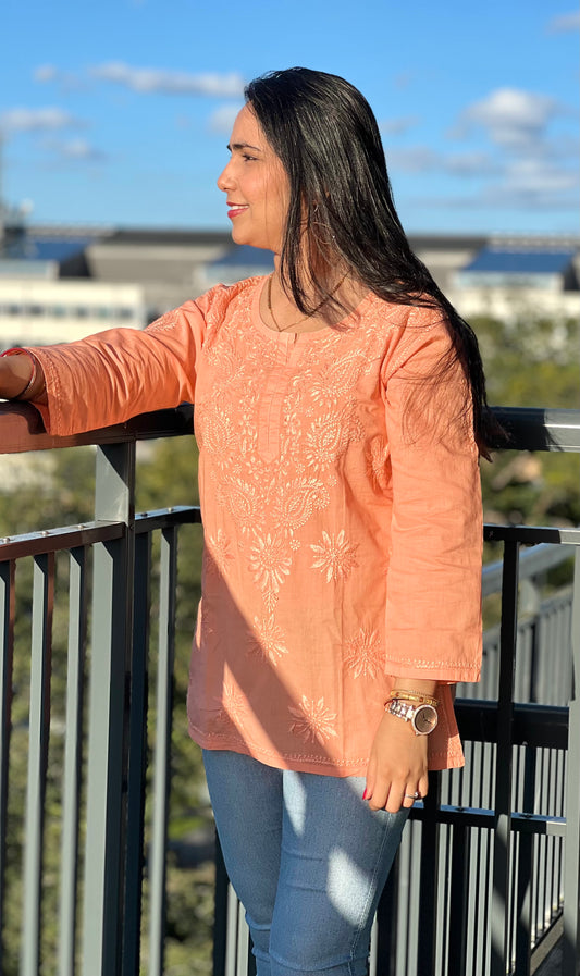 Monsoon Magic - Orange Cotton Hand-Embroidered Chikankari Short Top