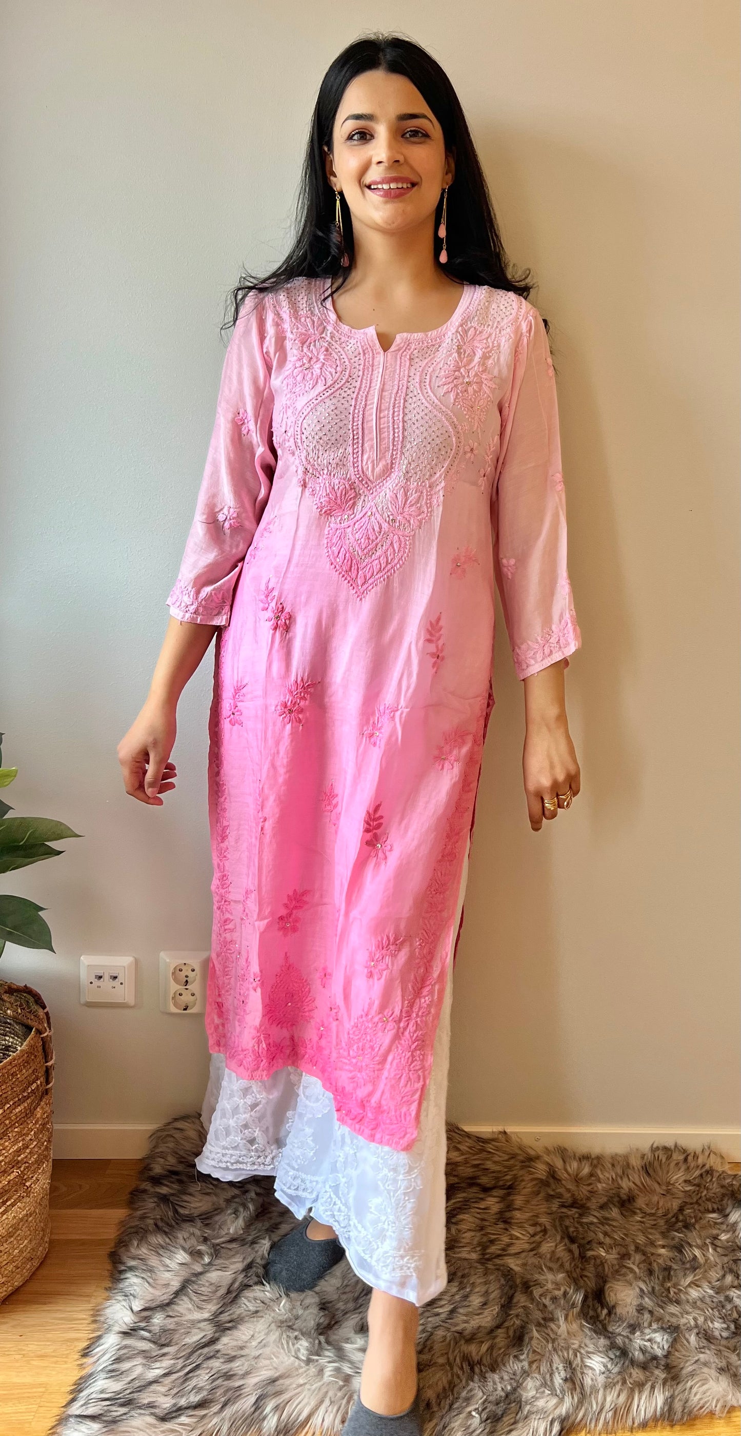 Rose Blush - Mul Chanderi Chikankari Kurti