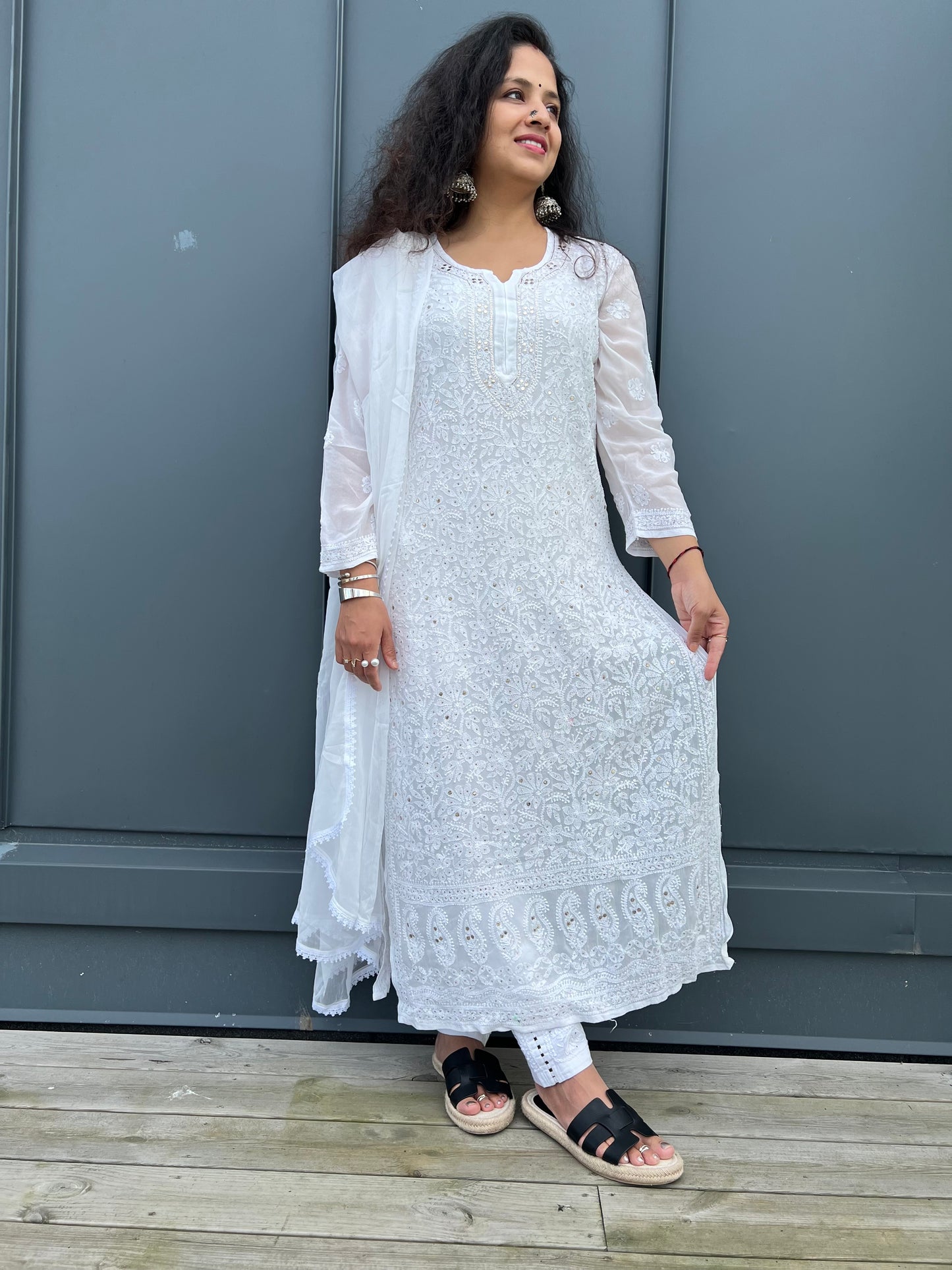 Dove's Grace - White Hand-Embroidered Chikankari 3 piece set with Mukaish and Ring Work