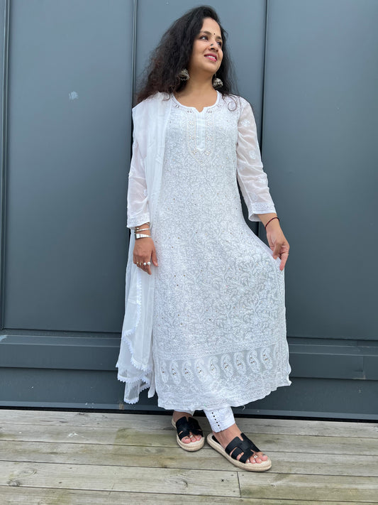 Dove's Grace - White Hand-Embroidered Chikankari 3 piece set with Mukaish and Ring Work