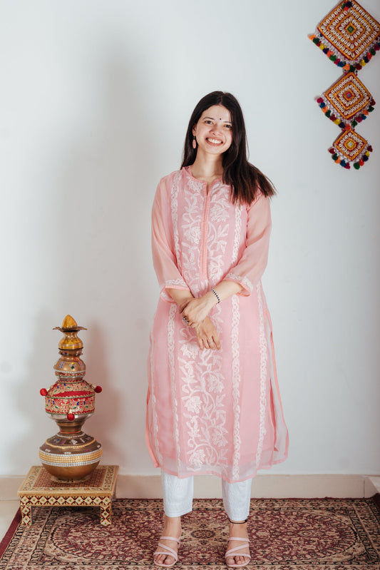 Coral Cove - Georgette Chikankari Kurti with Lining