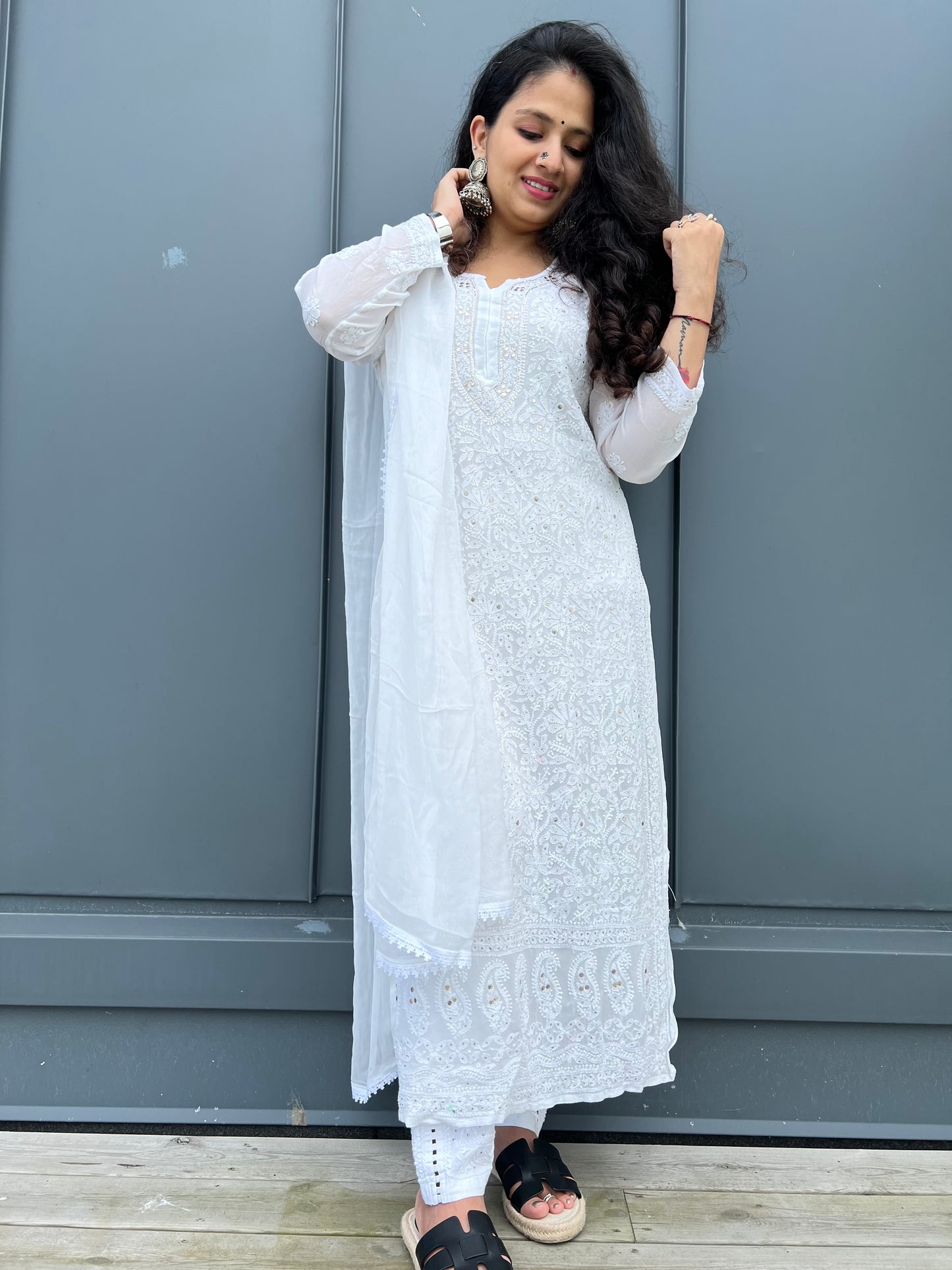 Dove's Grace - White Hand-Embroidered Chikankari 3 piece set with Mukaish and Ring Work