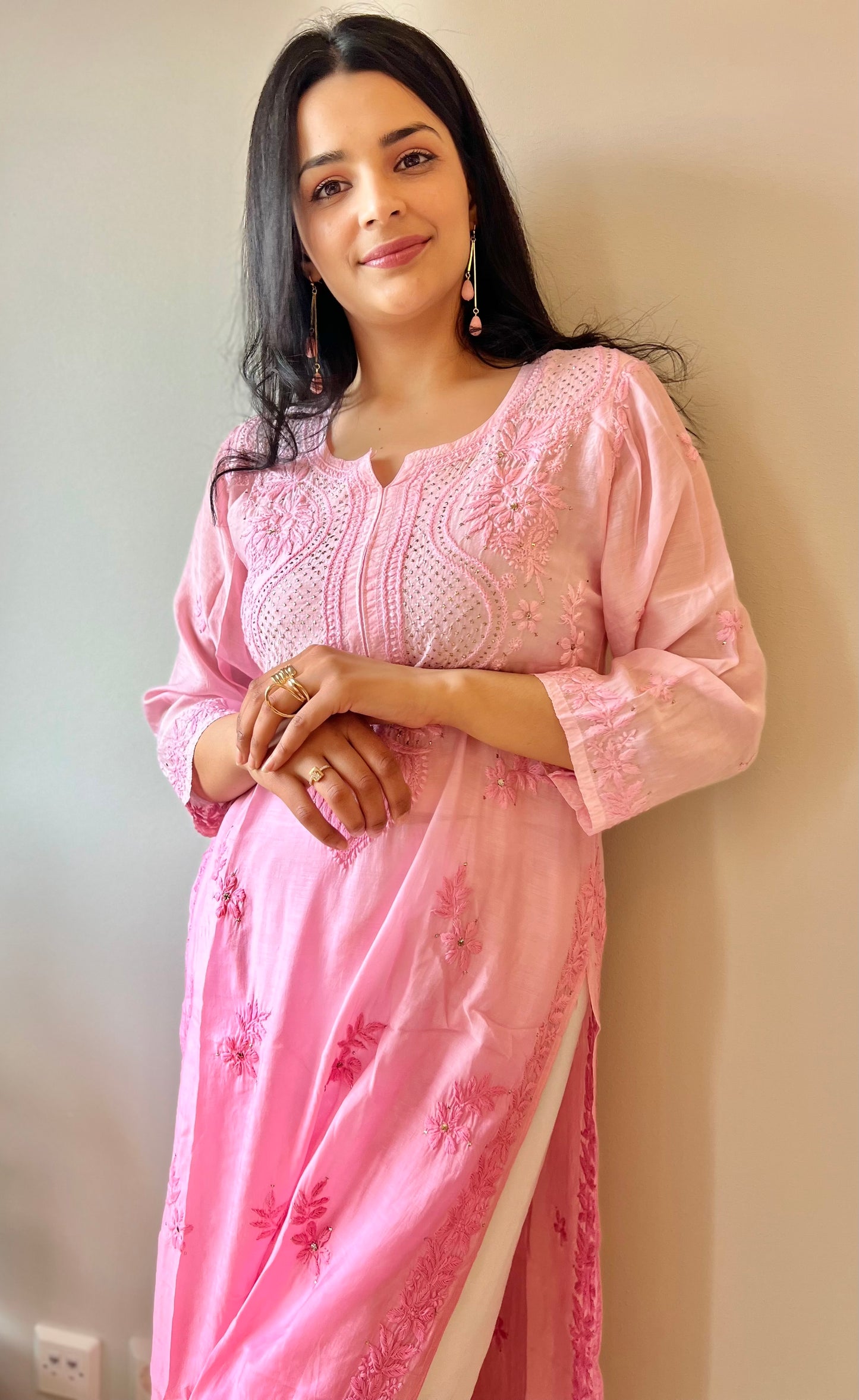 Rose Blush - Mul Chanderi Chikankari Kurti