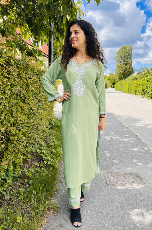 Divine Drapes - Rayon Chikankari Green Kurti Pajama