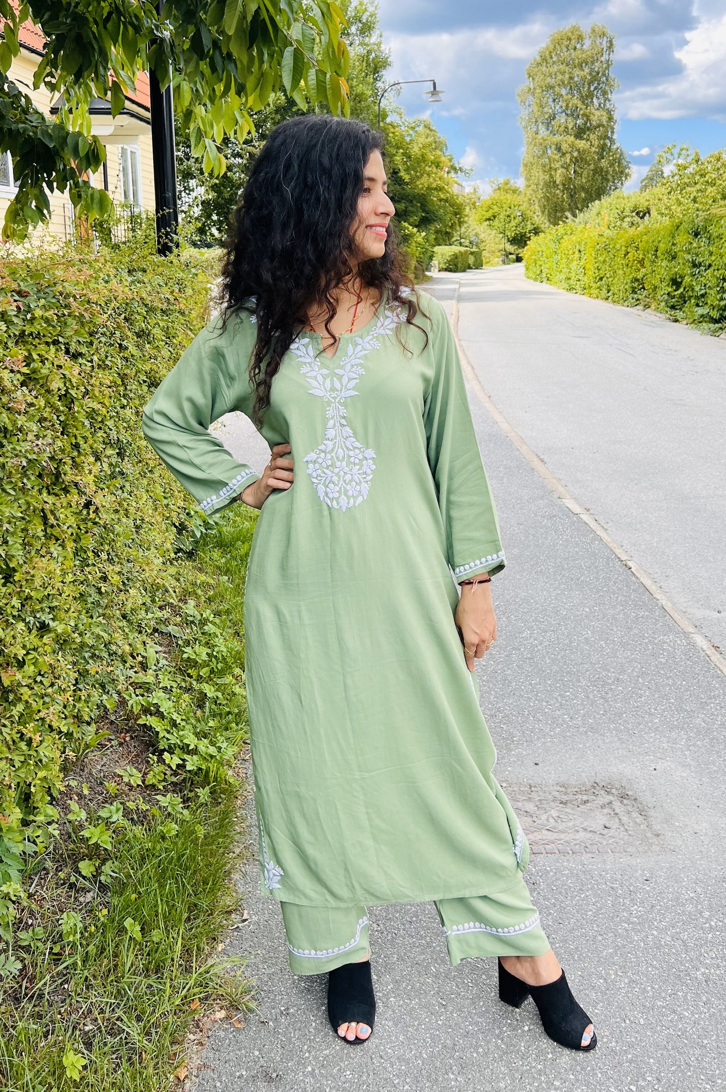 Divine Drapes - Rayon Chikankari Green Kurti Pajama