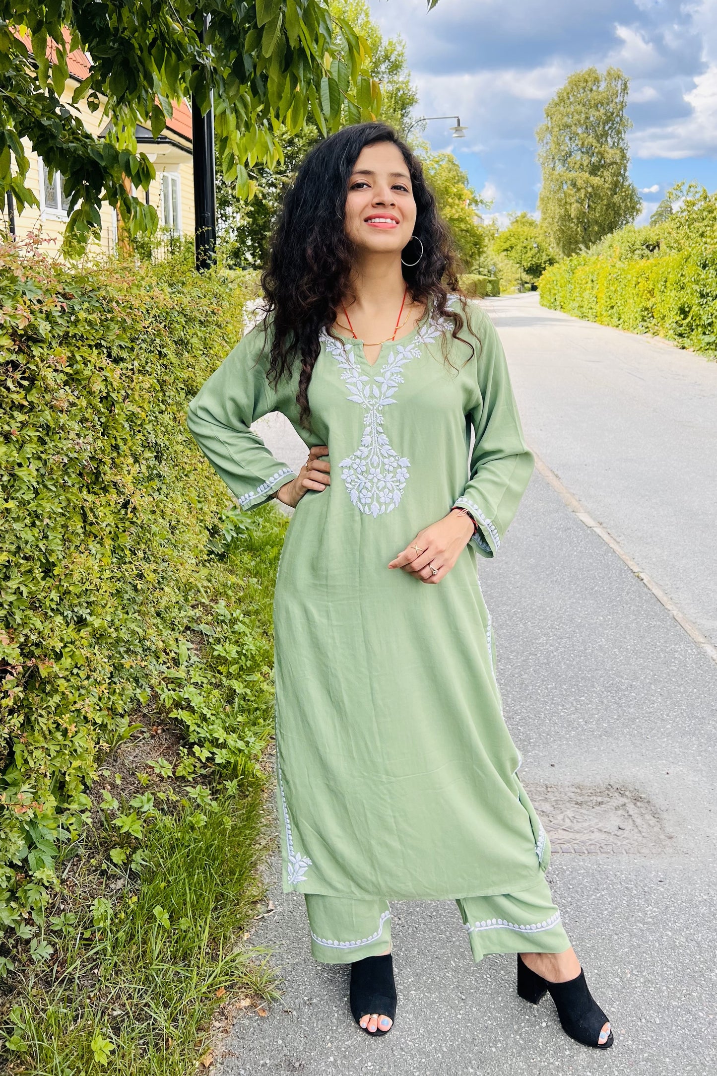 Divine Drapes - Rayon Chikankari Green Kurti Pajama